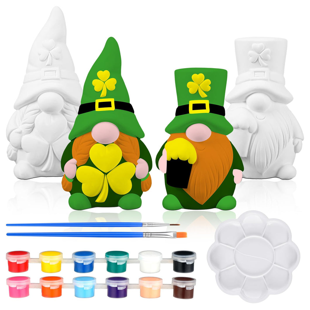 Poen 2 Pack Ready to Paint Your Own St. Patrick's Day Gnomes Statues, 4 Inches Mini Ceramics to Paint Unpainted Lucky Gnomes Tiered Tray Decor Crafts DIY Arts for Home Table Decorations (Lucky Style)
