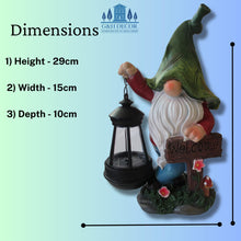 Load image into Gallery viewer, G&amp;H Decor - Solar Gnome Decoration - Hand Painted Garden Gnome Solar with Amazing Detail - Funny Resin Solar Gnomes Garden Figurines for Outdoor - Gnome Solar Lights with Welcome Sign (Lantern)

