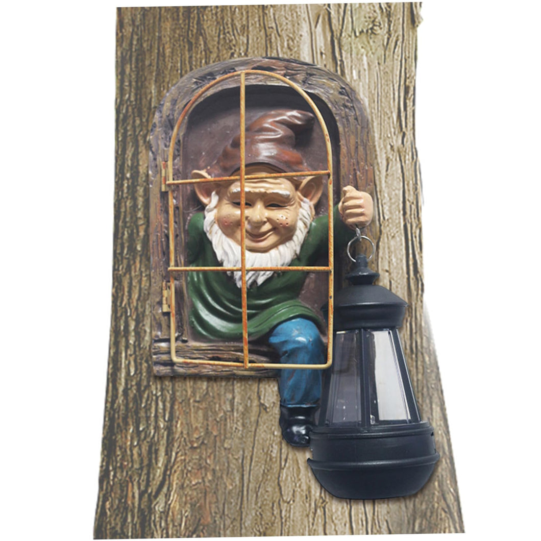 Hbbgdiy Solar-Powered Whimsical Fairy Garden Gnomes Set, Elf-Out-the-Door Tree Face Figurines with Solar Lights for Patio, Fence & Housewarming Gifts