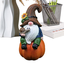 Load image into Gallery viewer, Fall Gnomes Decorations for Home,5.9 Inches Resin Garden Gnomes Sitting on A Pumpkin | Tiny Dwarf Statue Fall Figurine for Home Halloween Thanksgiving Decorations
