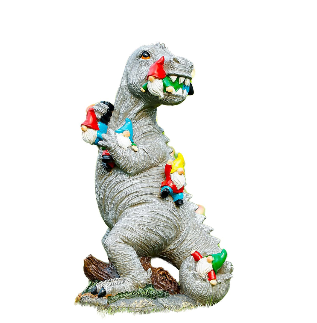 Himaweek Garden Statue Outdoor Decoration, Dinosaur Eating Gnomes Figurines, Indoor Outdoor Décor Garden Art for Patio Lawn Yard, 13.5” x 7.6” Housewarming Garden Gift