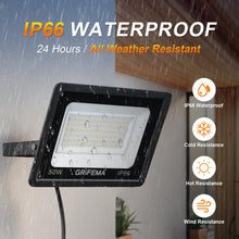 Load image into Gallery viewer, GRIFEMA 50W LED Floodlight Outdoor, 5500LM, 6500K Cool White, IP66 Waterproof, Adjustable 180° Bracket, Security Lighting for Garden, Garage, Yard
