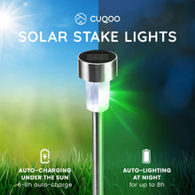Load image into Gallery viewer, CUQOO Solar Garden Stake Lights – 10 Pack Colour-Changing LED, Weatherproof Stainless Steel Solar Lights for Outdoor Pathway Lighting – Rechargeable with Automatic Night Activation [Energy Class A+]
