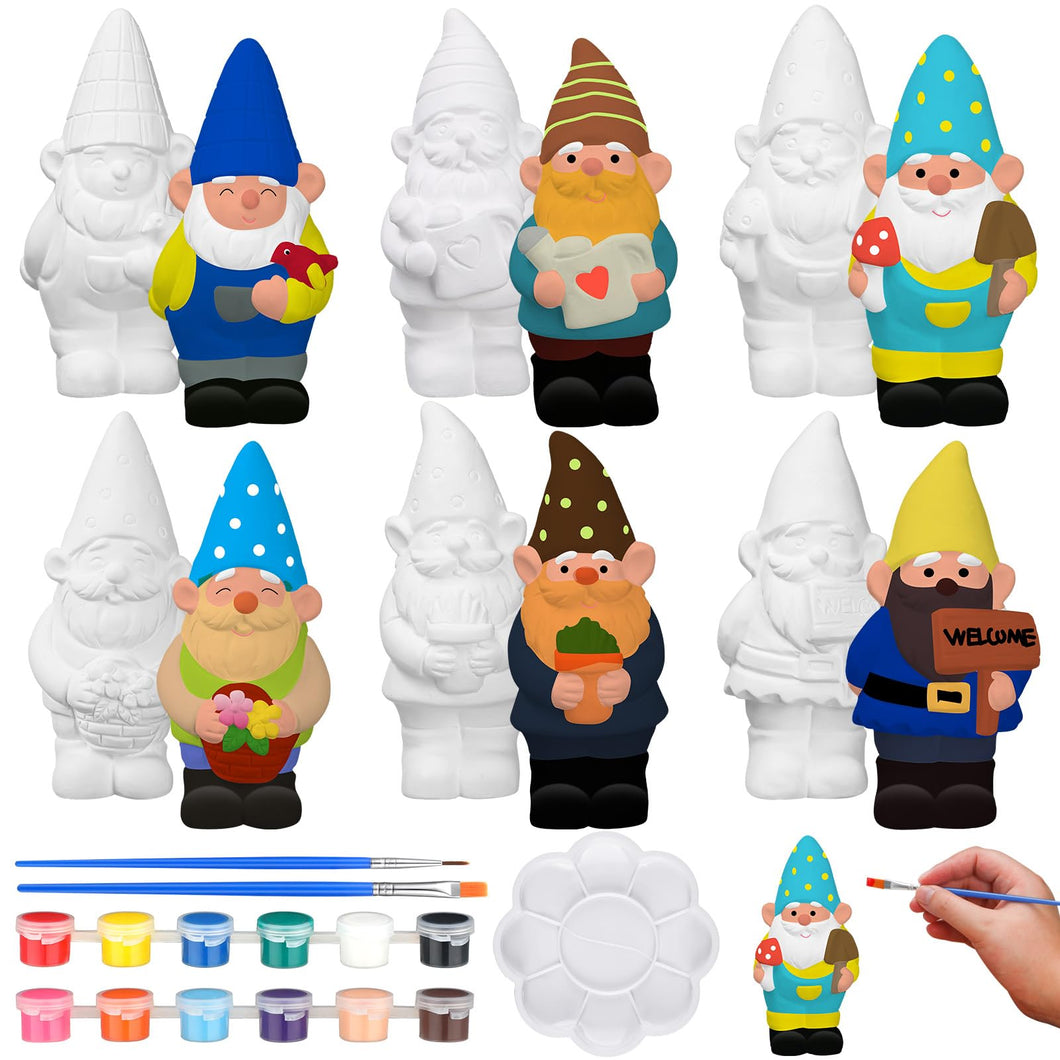 Simgoing 6 Sets Ready to Paint Your Own Garden Gnomes Statues Summer DIY Unfinished Ceramic Gnomes for Painting Figures Plaster Arts and Crafts with Brush Palette for Adults