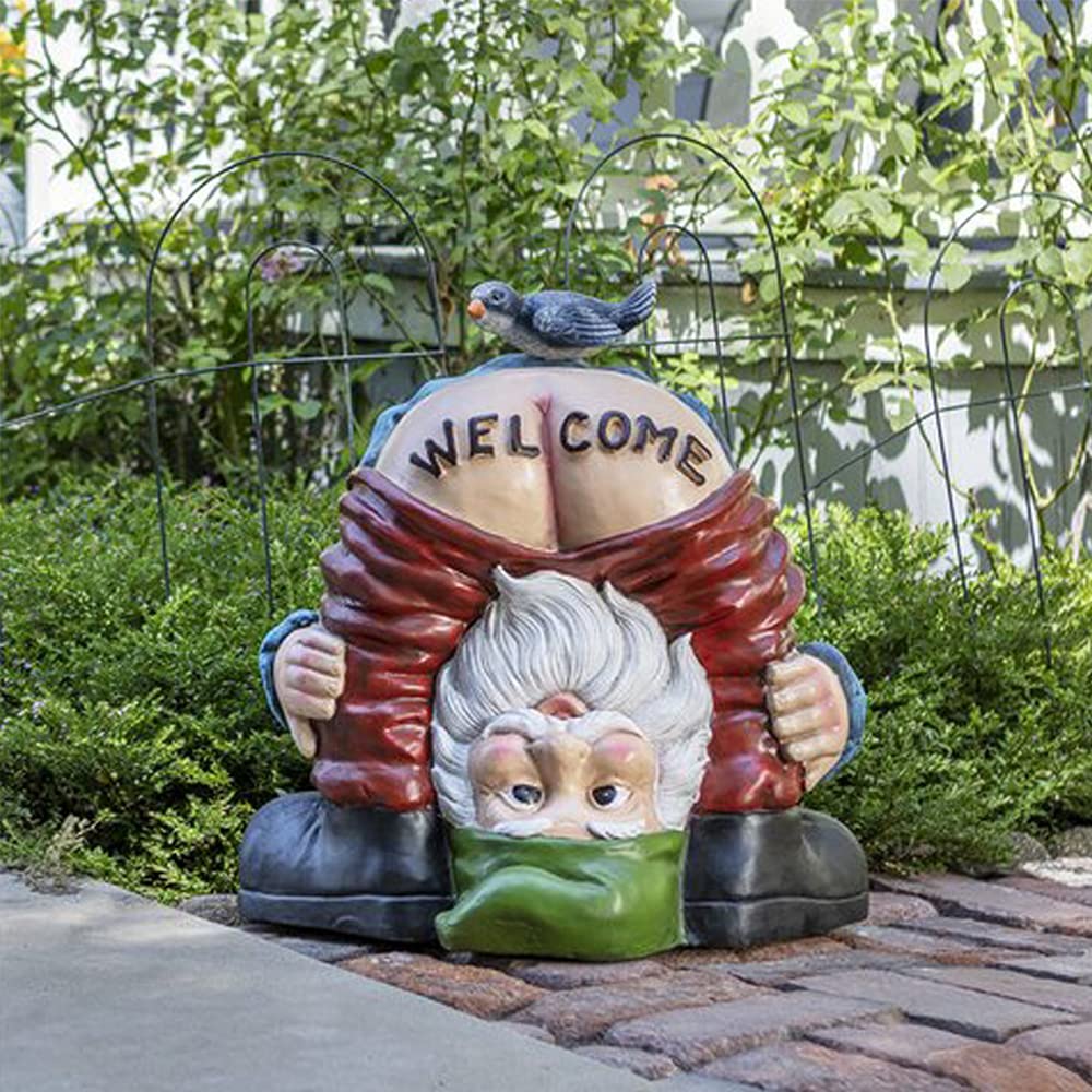 Garden Gnome Statue Water Resistant Funny Resin Garden Figurines Miniature Fairy Gnomes Garden Decoration for Indoor Outdoor Backyard Decor Patio Yard Lawn Ornaments Gift (Welcome)