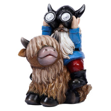 Load image into Gallery viewer, Joint Honglin Garden Gnome Statues Resin Gnome Sitting on Highland Cow Solar Lights Outdoor Telescope Gnome Gifts for Yard, Patio Decor Gift(Cow Gnome)
