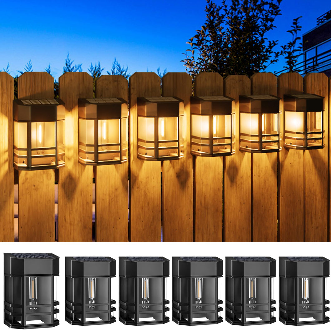 Woolmug 6 Pack Solar Fence Lights Outdoor Garden, Waterproof Retro LED Wall Lights, Auto On/Off Solar Lights Outdoor Garden Fence Lighting for Patio Decking Gate Yard Decoration, Warm White