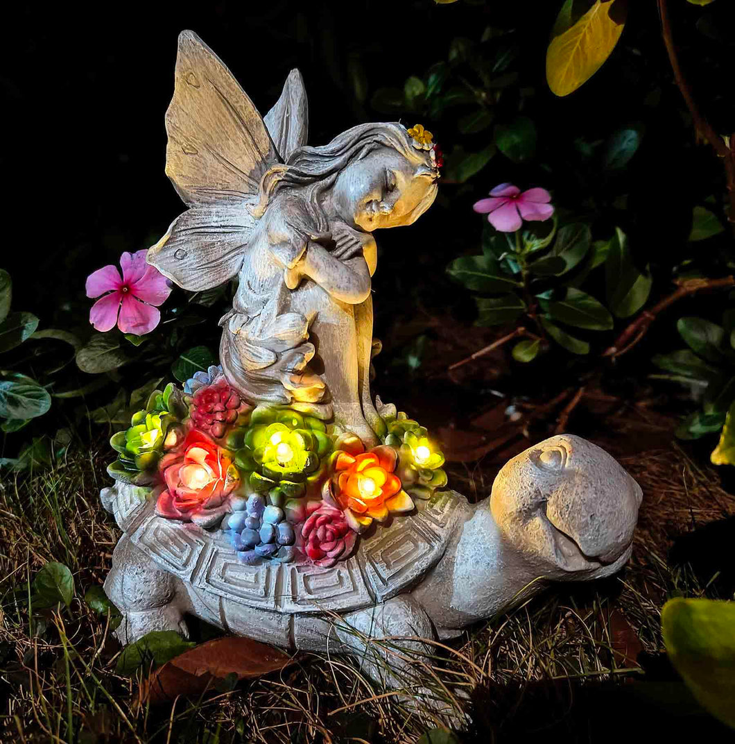 Solar Fairy Garden Statue - Angel Fairy on Turtle Figurine Outdoor Statue, Lovely Tortoise Garden Statue with 5 LED Lights Succulent Plants, Perfect Balcony Lawn Garden Decor Gift for Mom or Grandma