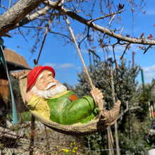 Load image into Gallery viewer, TERESA&#39;S COLLECTIONS Cute Garden Gnomes Decorations for Yard Hanging Statues Outdoor Gifts, Sleepy Gnome in Swing Leaf Hammock Resin Tree Ornaments Figurines for Stump Branch Lawn Patio Decor, 7.4&quot;
