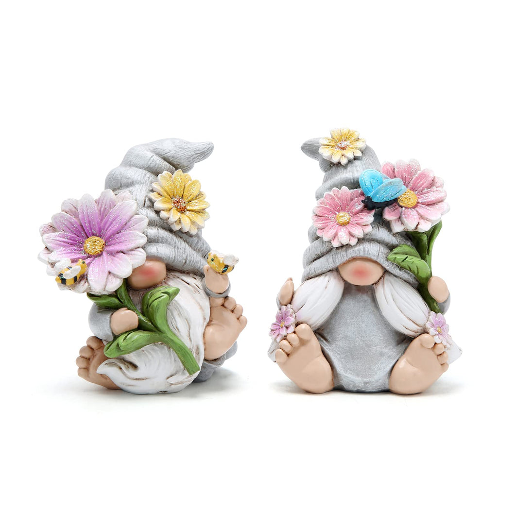 Hodao Set of 2 Spring Gnome Decorations Flower Gnomes Ornaments Decor Summer Outdoor Figurines Spring Elves for Porch, Garden Yard, Flower Bed Garden Gifts for Women, Mom (Grey)
