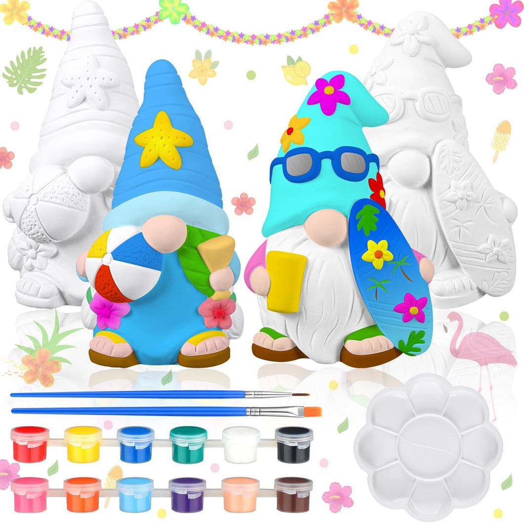 Poen 2 Pack Beach Summer Ready to Paint Your Own Gnome Statues, 4 Inches Mini Blank Ceramics to Paint Unpainted Gnome Figurines Crafts DIY Arts for Farmhouse Gift Decor (Beach Style)