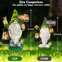 Load image into Gallery viewer, Lovinland Garden Gnome Statue Outdoor Decor Large Flocked Resin Gnome Figurine with Solar Light Holding Lantern Welcome Sign Garden Yard Decorations Dwarf Sculpture for Outside Patio Porch Lawn Decor
