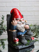 Load image into Gallery viewer, Ebros Gift Rude Mean Garden Greeter Go Away! Mr Gnome Dwarf with Squirrel On Tree Logs Chair Flipping The Bird Middle Finger Figurine As Whimsical Decor Magical Fantasy Gnomes
