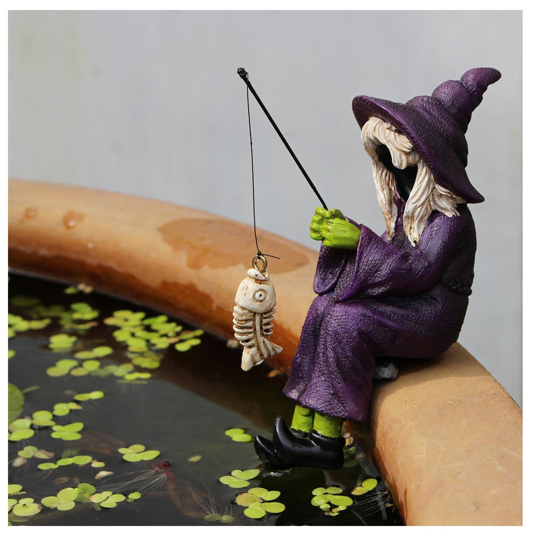 Fairy Garden Fishing Gnome Statues Miniature Witch Figurines Outdoor Landscape Ornaments for Yard Lawn Pond Pool Riverside Decoration