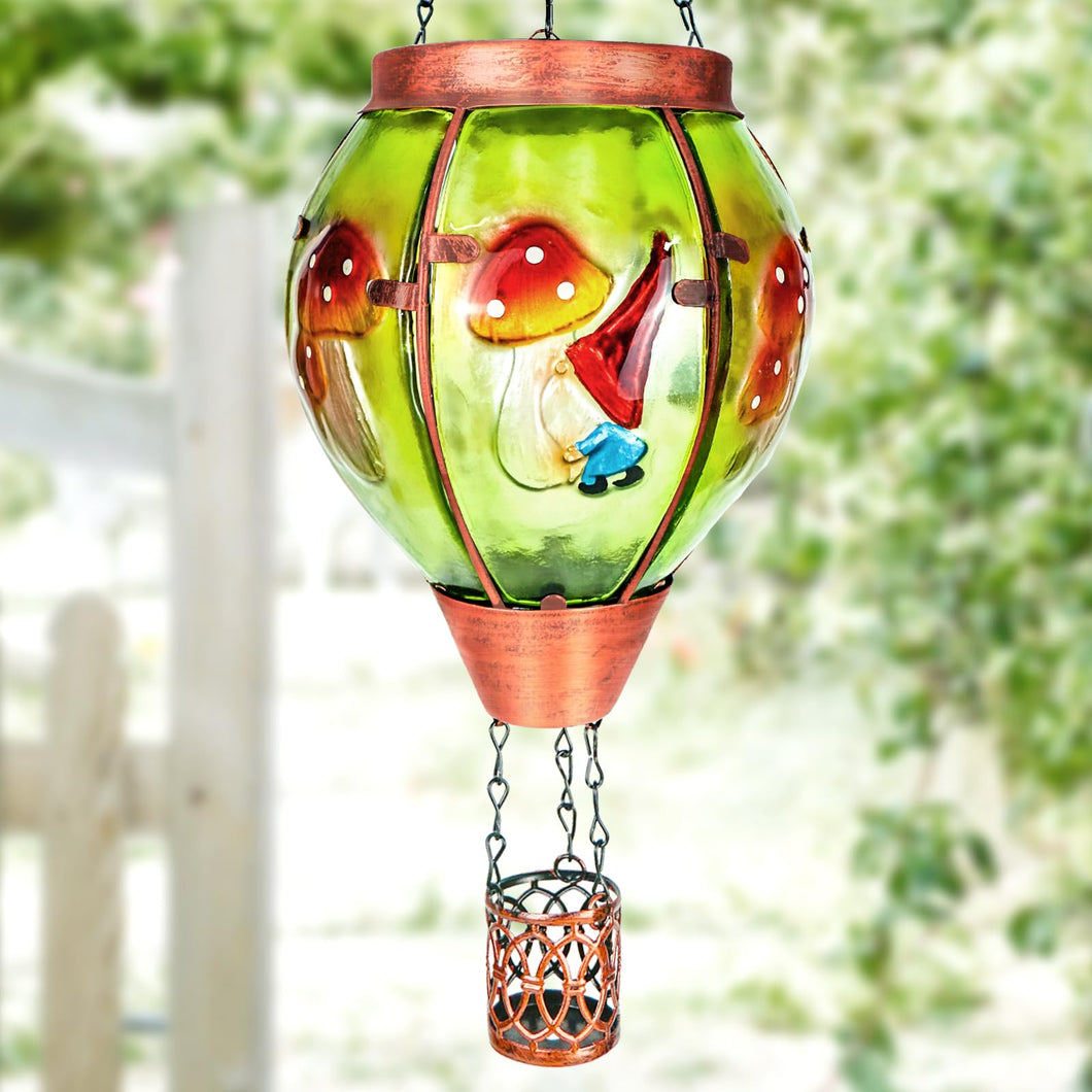Solar Hot Air Balloon Lantern with Flame， Mushroom Gnome Glass Solar Hanging Lanterns Outdoor for Outside Garden Patio Tree Porch Yard, Mushroom Gifts for Women Grandma Mom - Mushroom