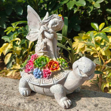Load image into Gallery viewer, Solar Fairy Garden Statue - Angel Fairy on Turtle Figurine Outdoor Statue, Lovely Tortoise Garden Statue with 5 LED Lights Succulent Plants, Perfect Balcony Lawn Garden Decor Gift for Mom or Grandma
