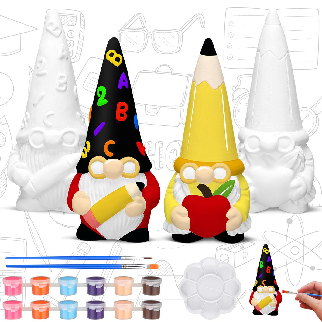 Seenelling 2 Sets Ready to Paint Your Own Gnome School Gnome Ceramics to Paint Teacher Appreciation Gifts 4'' Unpainted Ceramic Figurine Kit for Teacher DIY Art Crafts Office Desk Home Table Decor