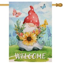 Load image into Gallery viewer, Hzppyz Welcome Spring Gnome Sunflower Wild Flower House Flag Double Sided, Red Polka Dots Hat Butterfly Floral Decorative Garden Yard Outdoor Large Decor, Summer Seasonal Home Outside Decoration 28x40
