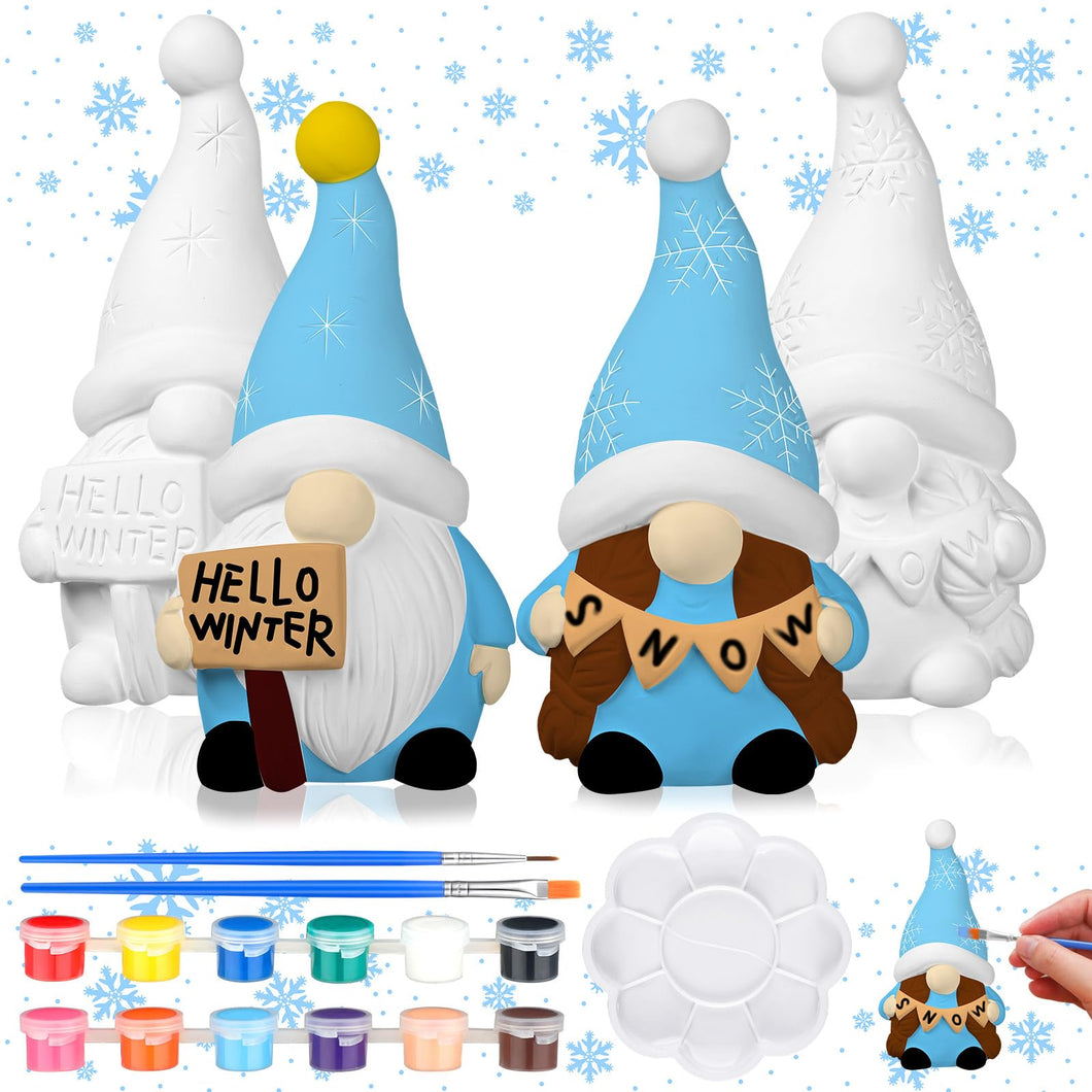 Seenelling 2 Pack Winter Gnomes Ready to Paint Your Own Gnome Statues 4'' DIY Winter Unpainted Ceramics Figurines Kit Blank Paintable Ceramics for Art Crafts Winter Christmas Decor