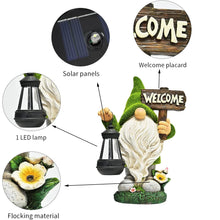 Load image into Gallery viewer, Garden Gnome Statue Outdoor Decor Large Flocked Resin Gnome Figurine with Solar Light Holding Lantern Welcome Sign Garden Yard Decorations Dwarf Sculpture for Outside Patio Porch Lawn Decor
