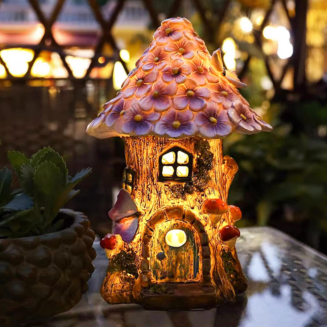 Solar garden decoration for outdoors, fairy mushroom house for outdoor use, made of synthetic resin, IP44 waterproof, 6-12 hours, fairy house garden decoration, with solar lamp, for patio lawn