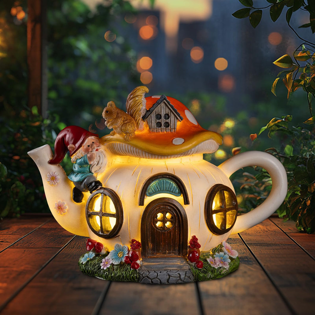 twinbling Mushroom Fairy House Garden Decor Solar Light – Outdoor Gnome Statue with Squirrel, Resin Teapot Decorative Figurine for Patio, Lawn, Yard & Balcony, for Women, Mom, and Home