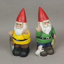 Load image into Gallery viewer, Yellow &amp; Green Go Away Giving The Bird Garden Gnome Funny Outdoor Sculpture Set

