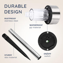 Load image into Gallery viewer, CUQOO Solar Garden Stake Lights – 10 Pack Colour-Changing LED, Weatherproof Stainless Steel Solar Lights for Outdoor Pathway Lighting – Rechargeable with Automatic Night Activation [Energy Class A+]
