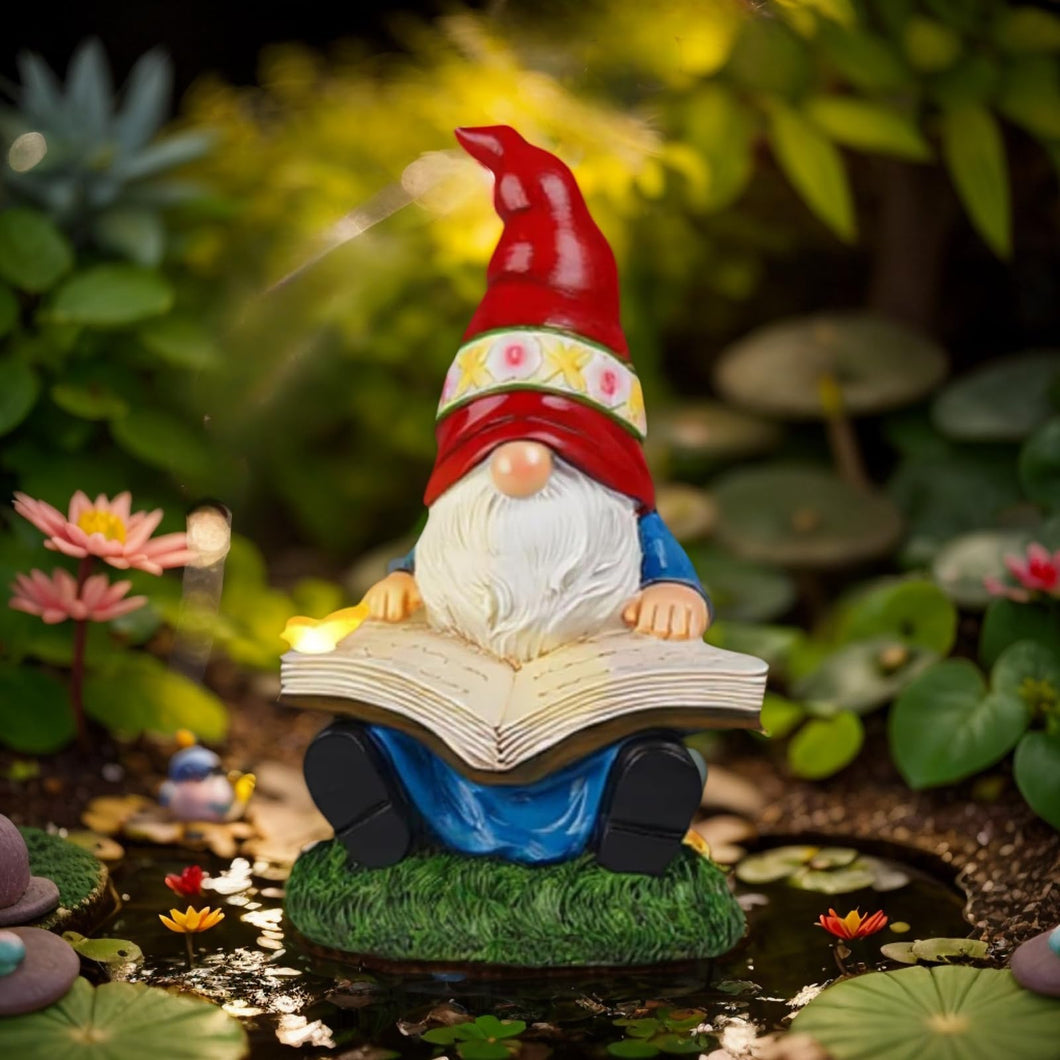 Solar Garden Gnomes Outdoor Statues - Gnome Figurine Reading Book with Butterfly LED Lights Funny Gnomes for Garden Decor Yard Patio Lawn Ornaments Gifts for Women