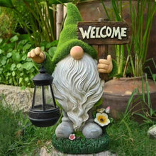Load image into Gallery viewer, Garden Gnome Statue Outdoor Decor Large Flocked Resin Gnome Figurine with Solar Light Holding Lantern Welcome Sign Garden Yard Decorations Dwarf Sculpture for Outside Patio Porch Lawn Decor
