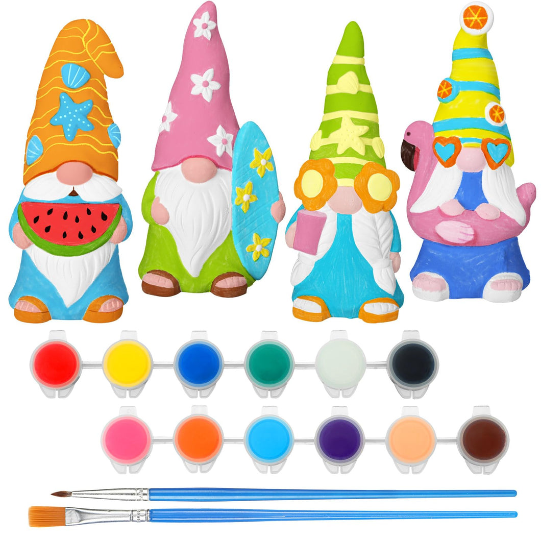 Barydat Ready-to-Paint Ceramics, 4 Pcs Summer Beach Gnome Statues, Unpainted DIY Crafts Kit for Adults, White with 12 Colors Acrylic Paint, 5 x 2.36 Inch