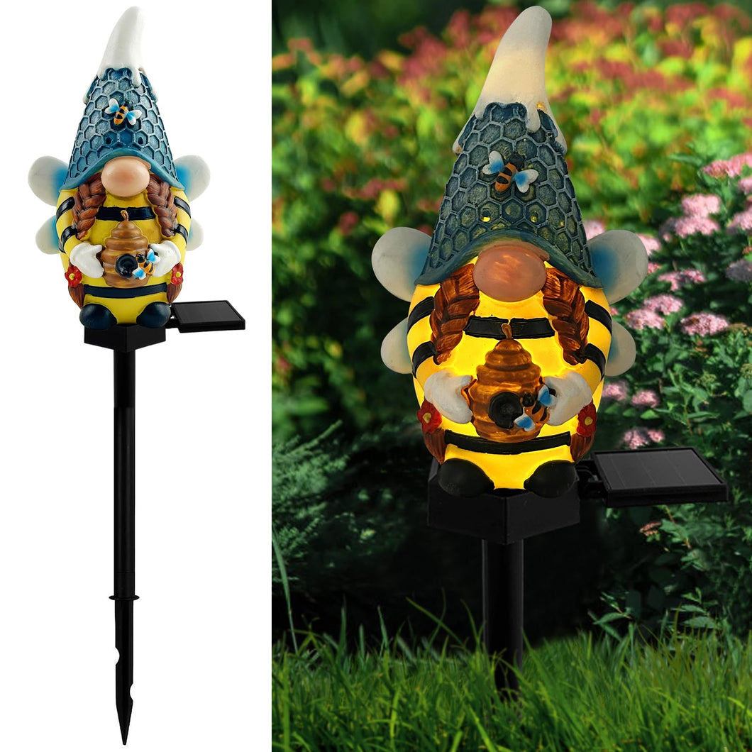 LAIAMER Solar Gnome Garden Lights, Outdoor Gnome Statue with Bees & Honey Jars, Solar Powered Fairy Garden Lights Gnome Decorations for Home Outside Yard Lawn Patio Gnomes Gifts (Bee)