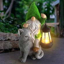 Load image into Gallery viewer, Sinhra Garden Cat Gnome Decoration with Solar Lights, Resin Flocked Gnome Figurine Holding Lantern, Outdoor Statue, Grey, Water Resistant, LED Light, 6.1”L x 10.62”H
