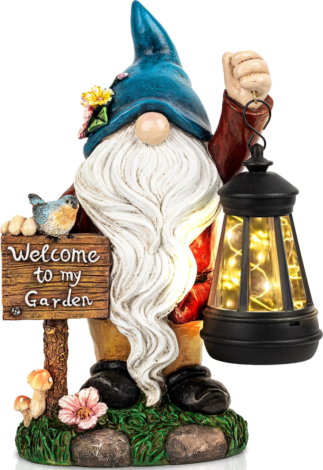 C&Y&G&X Garden Gnome Statue,Outdoor Gnome Decor Solar Lantern Lights and Welcome Sign,Yard Art Decorations, Ideal Housewarming Gift