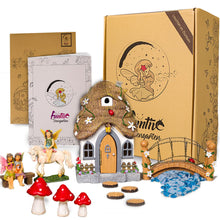Load image into Gallery viewer, Resin Fairy Garden Set, Glow in the Dark Garden Accessories, 18 cm Fairy House with Hinged Door and Solar LED Light, Luminous Stones, Fairy with Unicorn,
