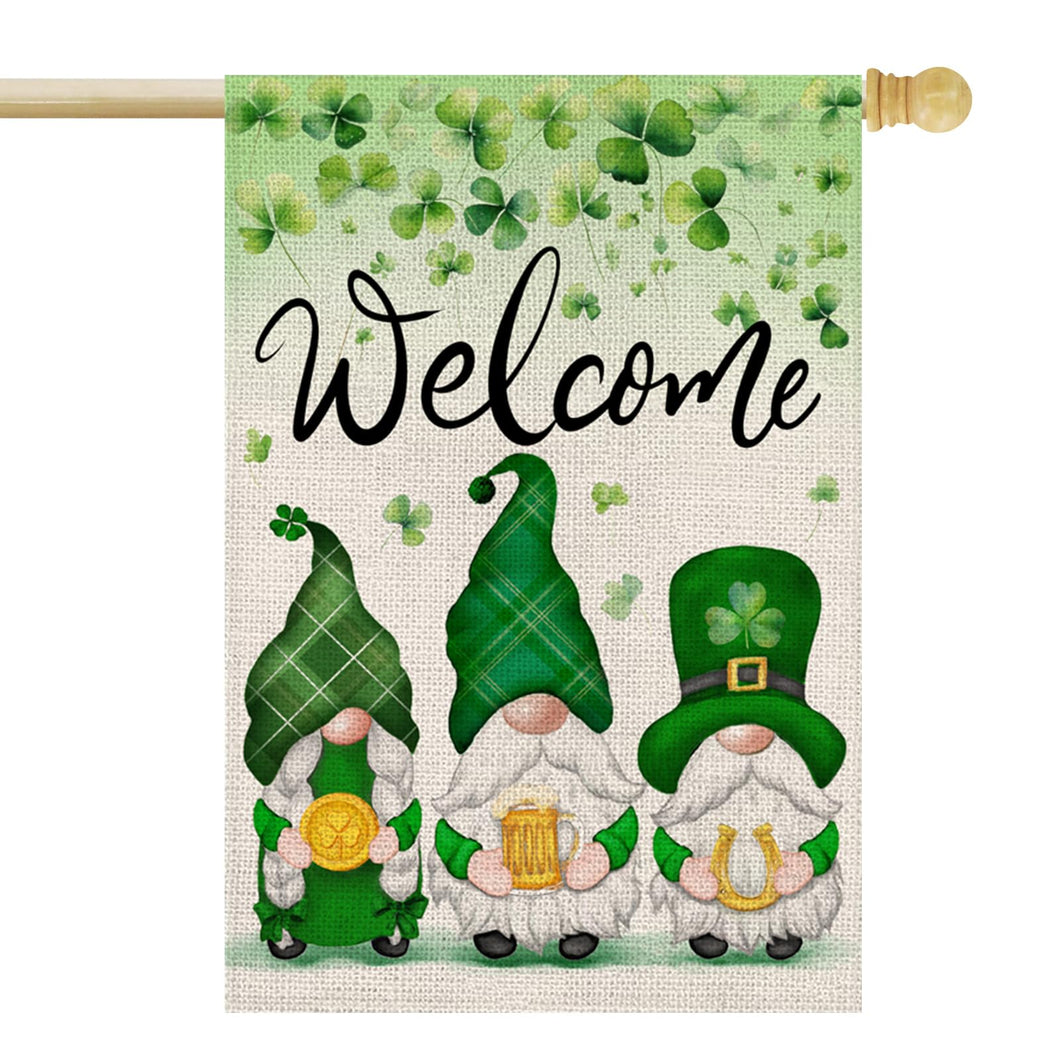FUYUCHEN St Patricks Day House Flag 28x40 Inch Double Sided Gnomes Shamrocks Lucky Clovers Welcome Holiday Yard Large Garden Flag Outdoor Decoration
