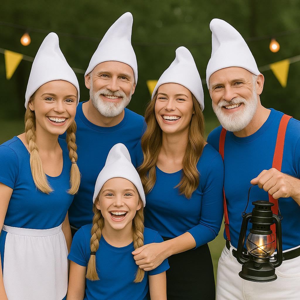 labreeze White Gnome Hat Set, 5-Piece Family Costume Hats, 4 Adult + 1 Kids Size, Fancy Dress Party Accessories