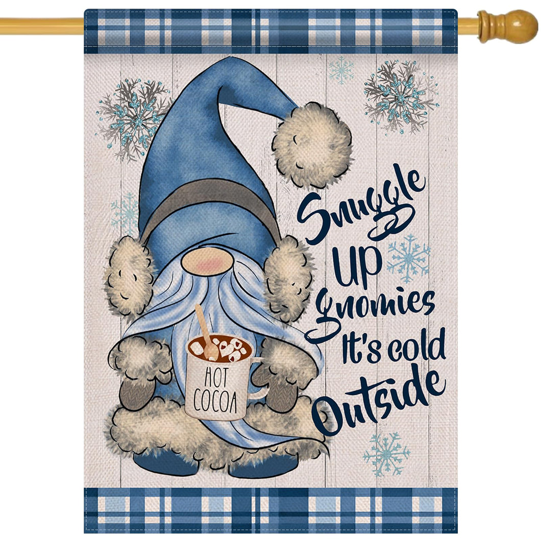 Covido Home Decorative Snuggle Up Gnomies It's Cold Outside Winter House Flag, Blue Gnome Garden Yard Outside Decorations, Christmas Snowflakes Farmhouse Outdoor Large Decor Double Sided 28x40