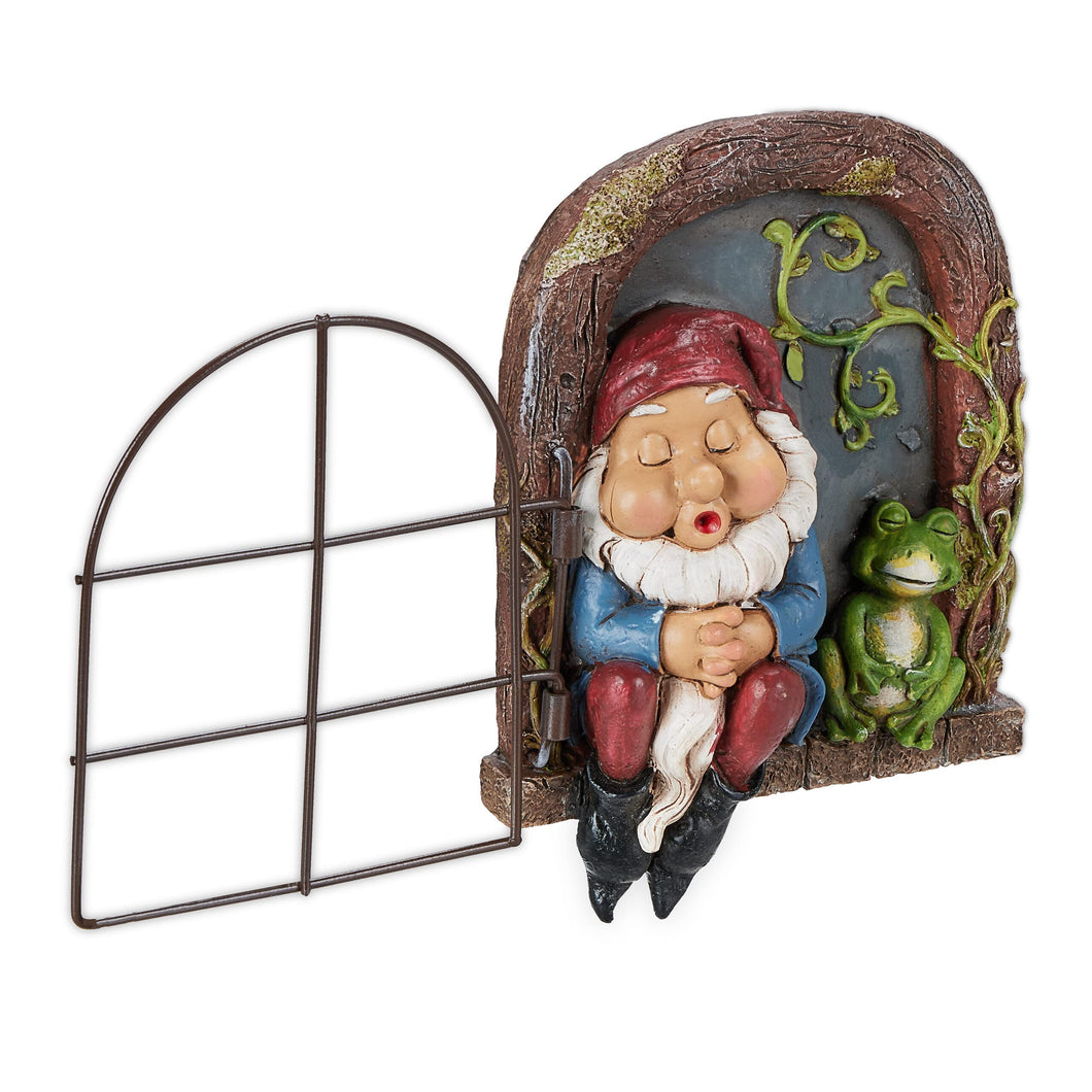 Relaxdays Gnome with Window, Weatherproof Garden Decoration, Hanging on Tree or Wall, HxWxD: 17 x 12 x 4.5 cm, Colourful, Polyresin