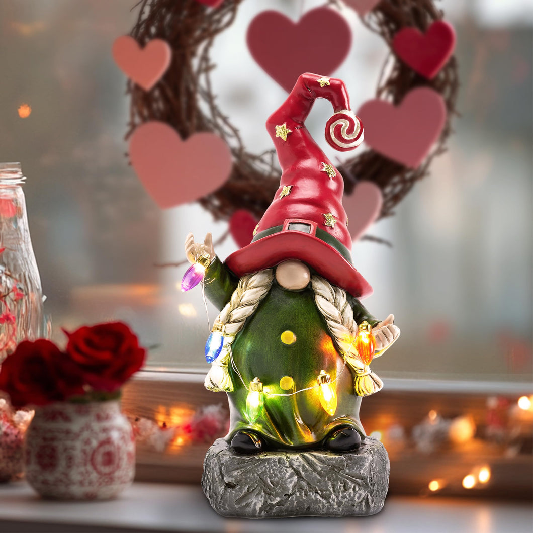 TERESA'S COLLECTIONS Garden Gnomes Christmas Decorations Outdoor for Resin Garden Decor, Red Gnome Decor Battery Operated Colorful LED Light, Witch Christmas Decor Gifts for Party, 8.86