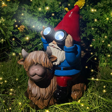 Load image into Gallery viewer, Vovkokc Solar Cow Gnomes Statue Garden Ornaments Outdoor Decorations Gnome Sitting on Highland Cow Solar Lights Binoculars Gnome Gifts for Yard Decor
