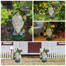 Load image into Gallery viewer, Lovinland Garden Gnome Statue Outdoor Decor Large Flocked Resin Gnome Figurine with Solar Light Holding Lantern Welcome Sign Garden Yard Decorations Dwarf Sculpture for Outside Patio Porch Lawn Decor
