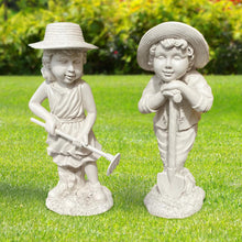 Load image into Gallery viewer, Garden Mile Boy and Girl Garden Ornaments Outdoor Statue With Gardening Tools - Large Resin White Stone Ornaments - Indoor or Outdoor Decorative Sculpture for Patio Decor Garden Decor Gift
