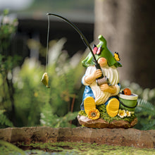 Load image into Gallery viewer, TERESA&#39;S COLLECTIONS Garden Ornaments Outdoor, Lovely Fishing Gnomes with Flowers and Solar Lights, Family Gnomes Series, Waterproof Resin Ornaments, Garden Decorations Gifts Indoor Outdoor 23CM
