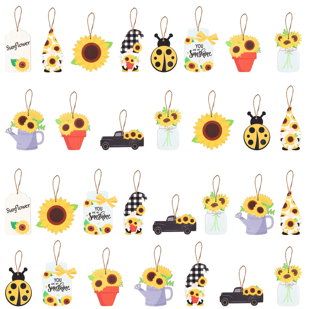 WATINC 31Pcs Sunflower Gnome Hanging Wooden Ornament Set, Summer Gnome Element Plaid Pendant Crafts Decor Supplies, Wood Tags Embellishments with Rope for Holiday Hawaiian Party Decoration (10 Styles)