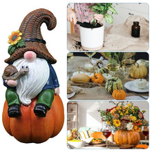 Load image into Gallery viewer, Fall Gnomes Decorations for Home,5.9 Inches Resin Garden Gnomes Sitting on A Pumpkin | Tiny Dwarf Statue Fall Figurine for Home Halloween Thanksgiving Decorations

