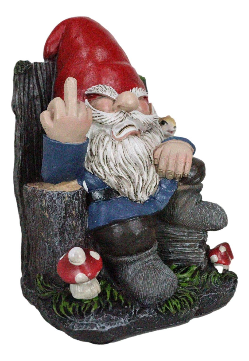 Ebros Gift Rude Mean Garden Greeter Go Away! Mr Gnome Dwarf with Squirrel On Tree Logs Chair Flipping The Bird Middle Finger Figurine As Whimsical Decor Magical Fantasy Gnomes
