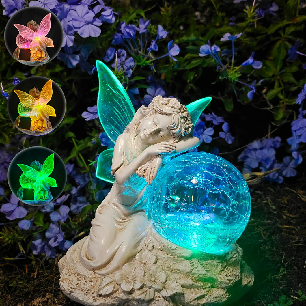 RATUEJIA Solar Garden Statues Fairy，Outdoor Statue with Glass Ball Solar Lights Waterproof Resin Yard Art Sculpture Decoration for Patio, Lawn, Balcony, Mother's Day, Housewarming Gift
