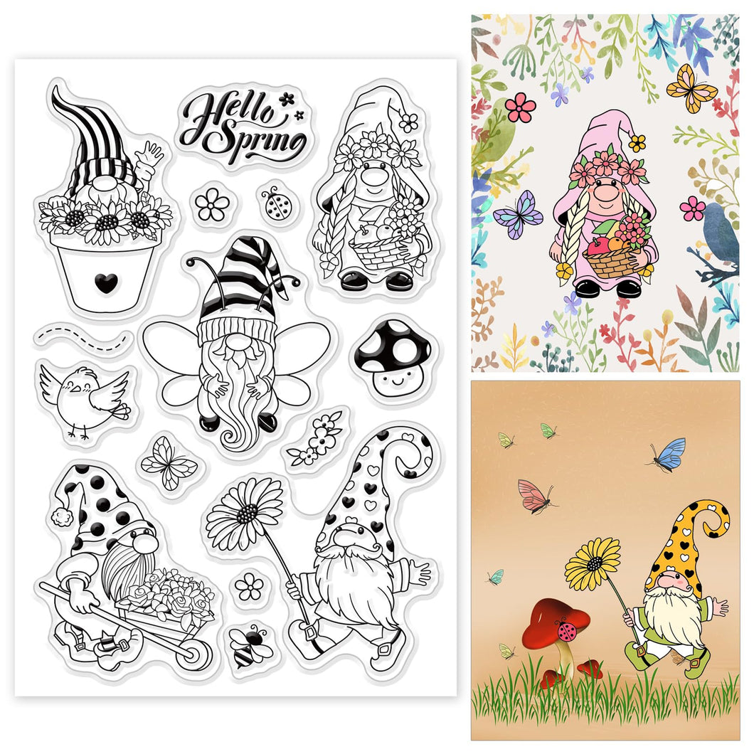 GLOBLELAND Gnome Clear Stamps Spring Flower Silicone Stamp Seal Bee Butterfly Transparent Stamps for Cards Making Photo Journal Decoration DIY Scrapbooking