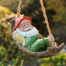 Load image into Gallery viewer, TERESA&#39;S COLLECTIONS Cute Garden Gnomes Decorations for Yard Hanging Statues Outdoor Gifts, Sleepy Gnome in Swing Leaf Hammock Resin Tree Ornaments Figurines for Stump Branch Lawn Patio Decor, 7.4&quot;
